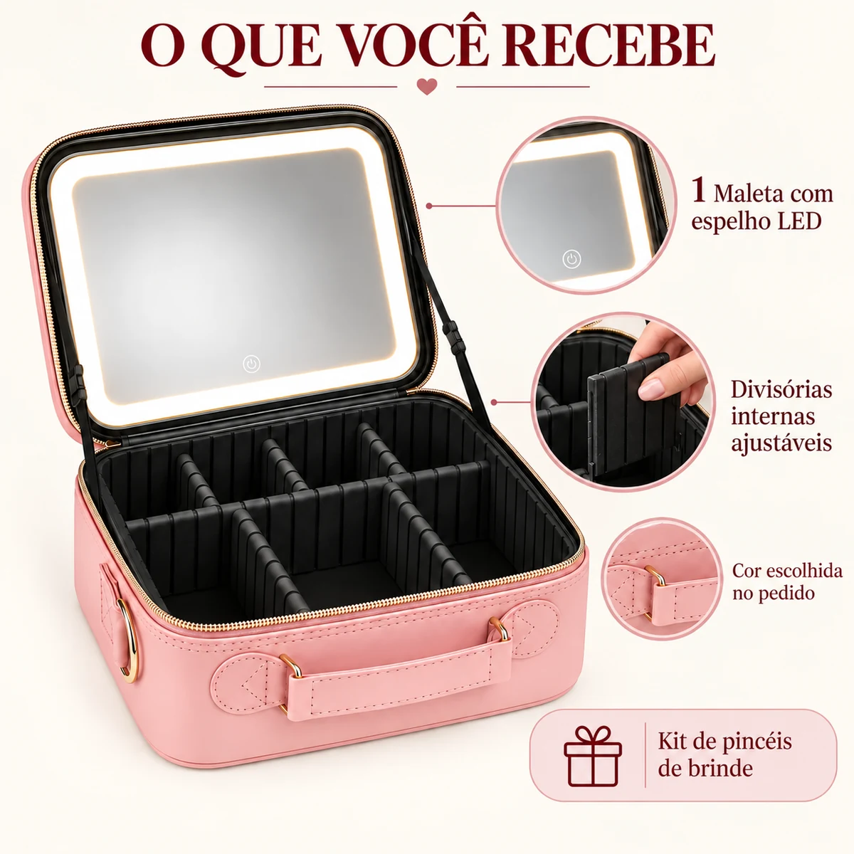 Conteúdo recebido: Maleta Miravie com espelho LED e divisórias ajustáveis