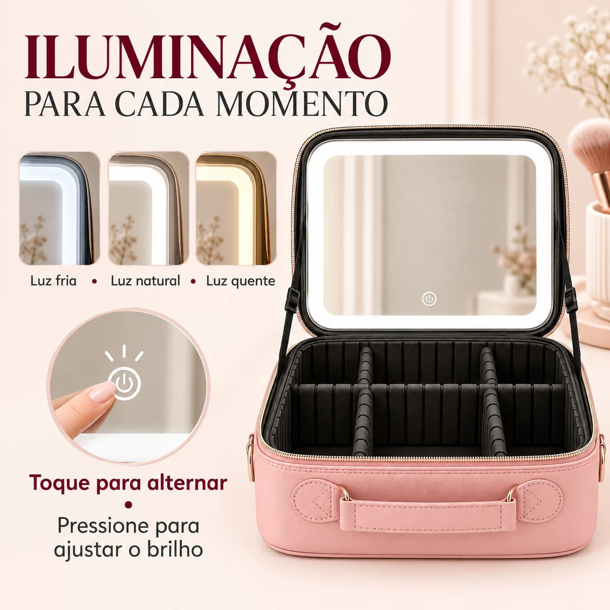Três tonalidades de iluminação da Maleta Miravie: fria, natural e quente